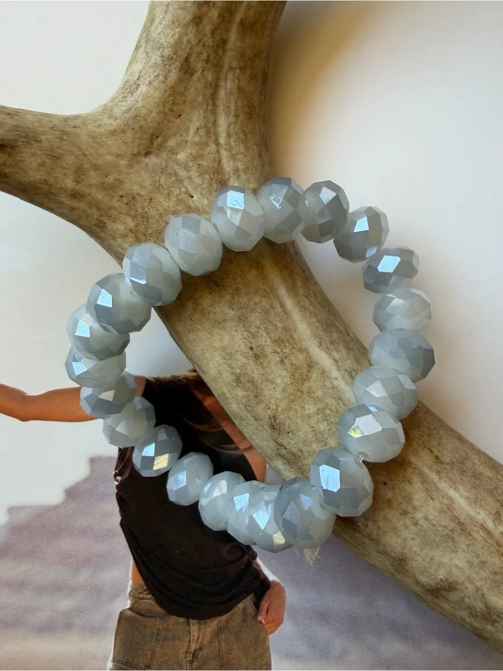 Silver Grey Blue Faceted Crystal Beaded Stretch Bracelet Sparkly Boho